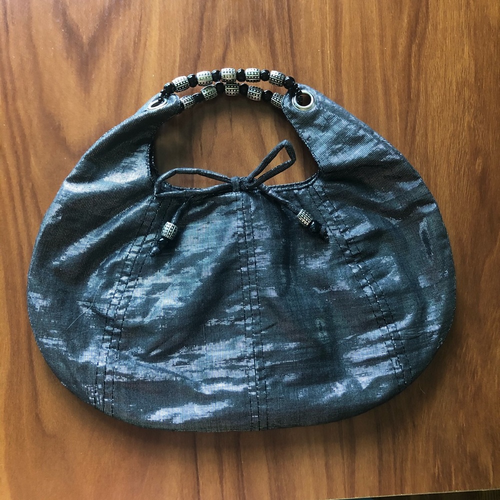 Silver Beaded World Market Fabric Handbag
